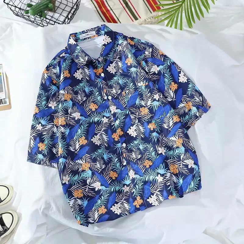 Men Floral Short Sleeve Shirt Green White Summer Wear