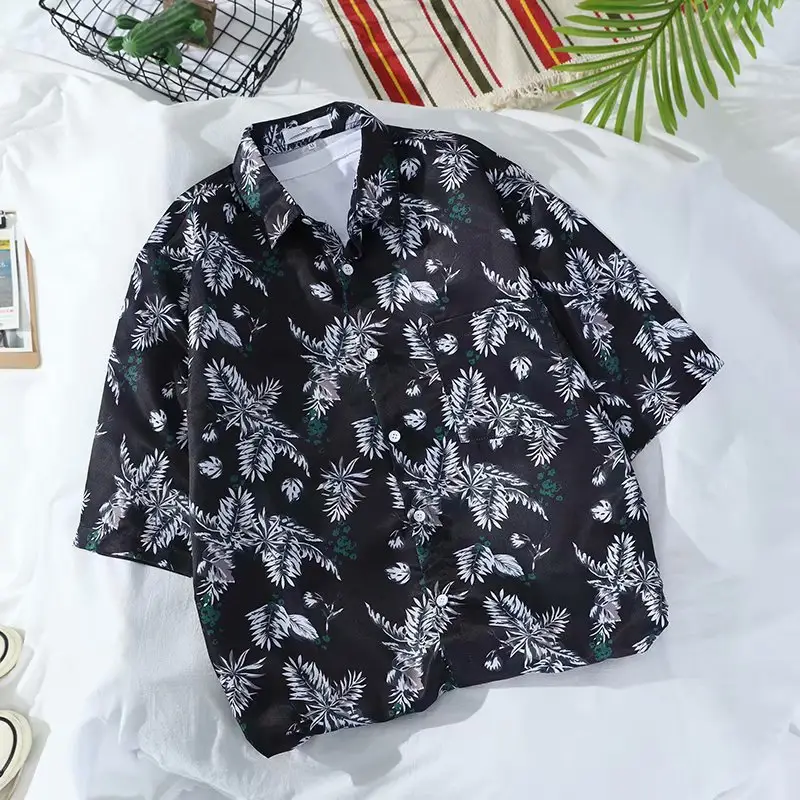 Men Floral Short Sleeve Shirt Green White Summer Wear