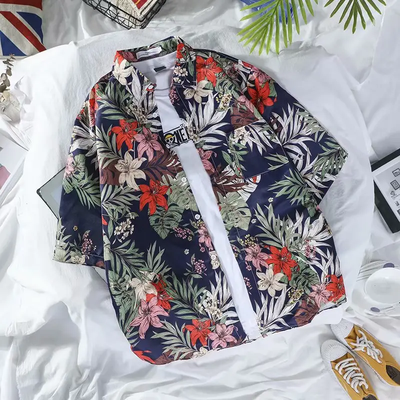 Men Floral Short Sleeve Shirt Green White Summer Wear