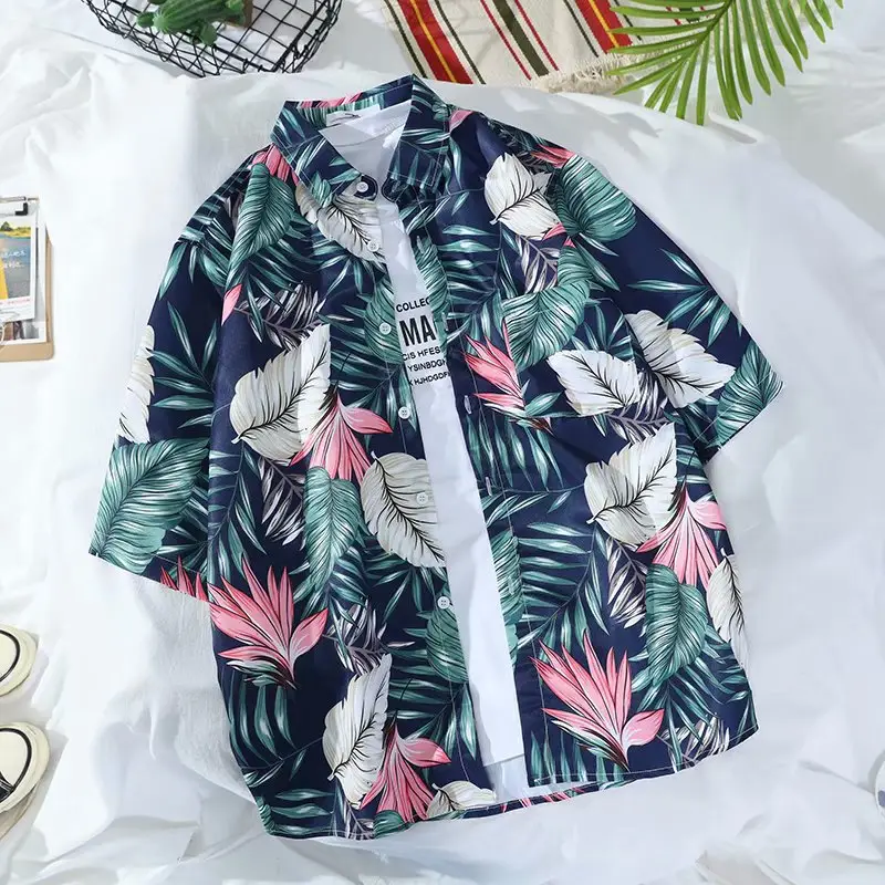 Men Floral Short Sleeve Shirt Green White Summer Wear