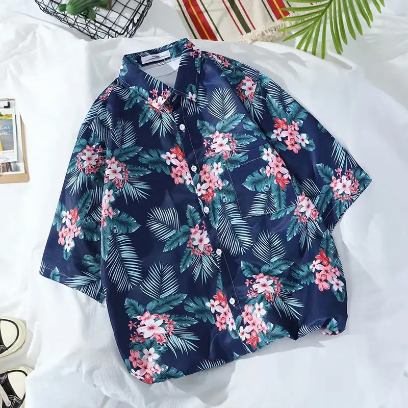 Men Floral Short Sleeve Shirt Green White Summer Wear