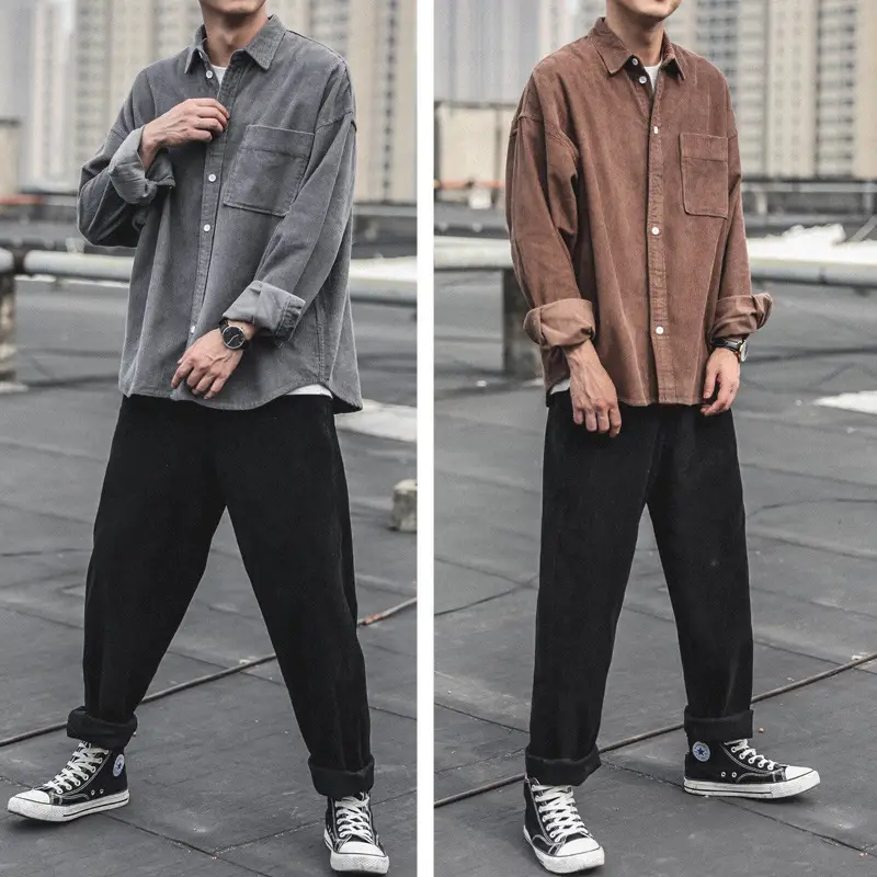 Men's Long-Sleeved Corduroy Shirt Brown Loose Fit - Image 7