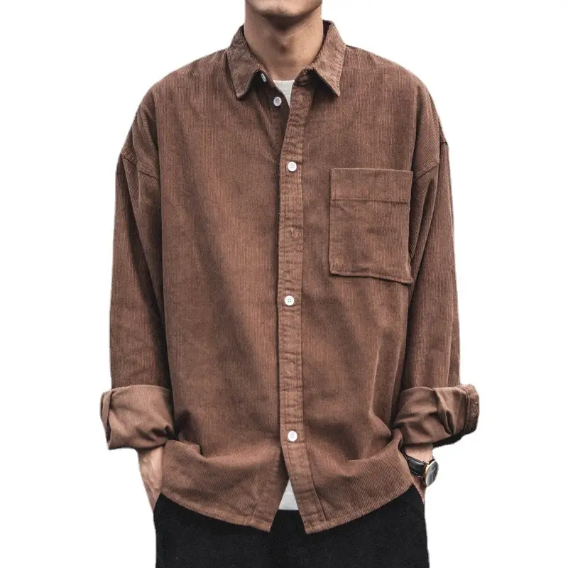 Men's Long-Sleeved Corduroy Shirt Brown Loose Fit - Image 8