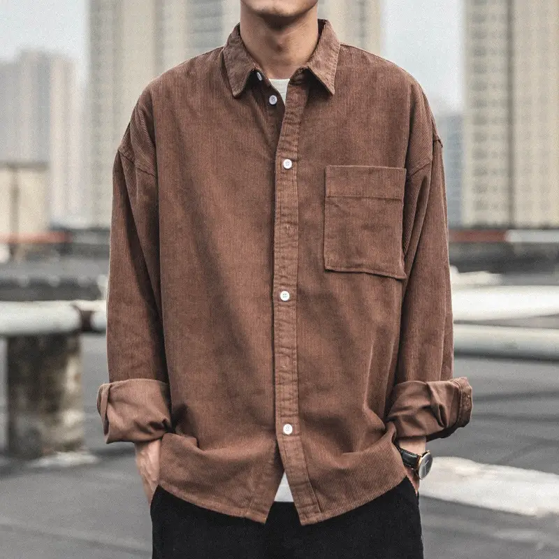 Men's Long-Sleeved Corduroy Shirt Brown Loose Fit - Image 3