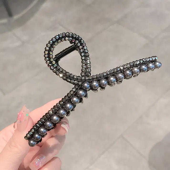 Pearl Flash Diamond Hairpin Clip Black Light Luxury - Image 3