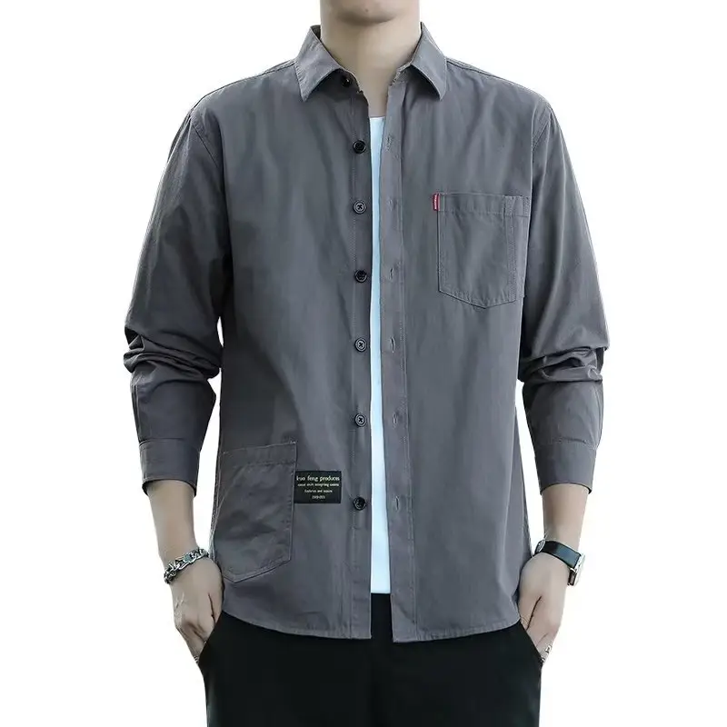 Men's Long Sleeve Cotton Shirt Tan Button Front - Image 32