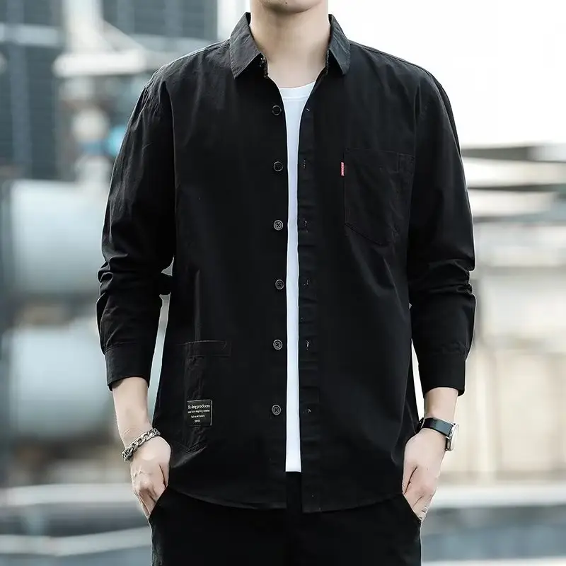 Men's Long Sleeve Cotton Shirt Tan Button Front - Image 11