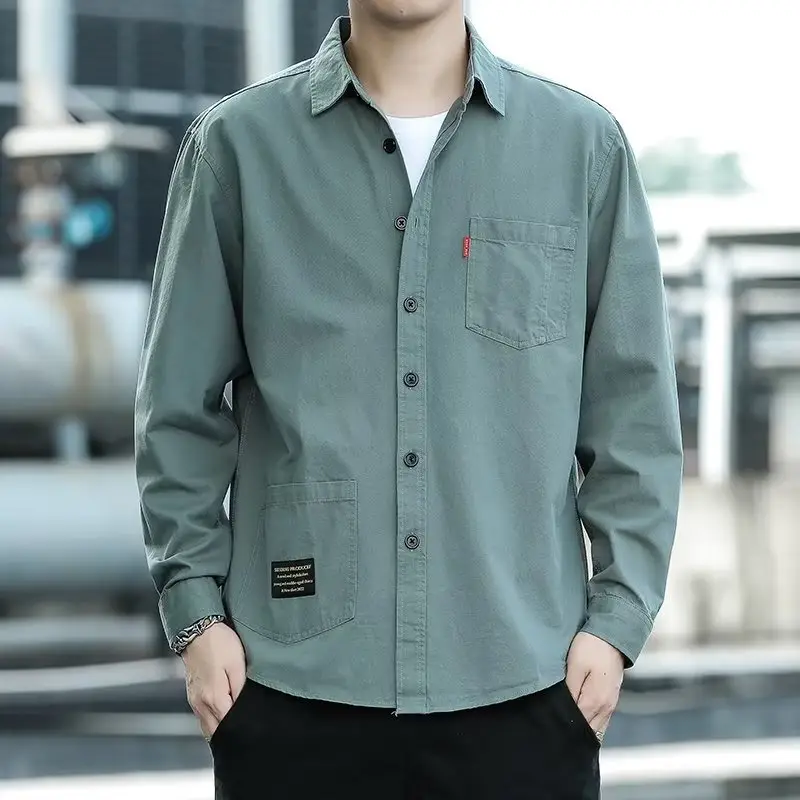 Men's Long Sleeve Cotton Shirt Tan Button Front - Image 12
