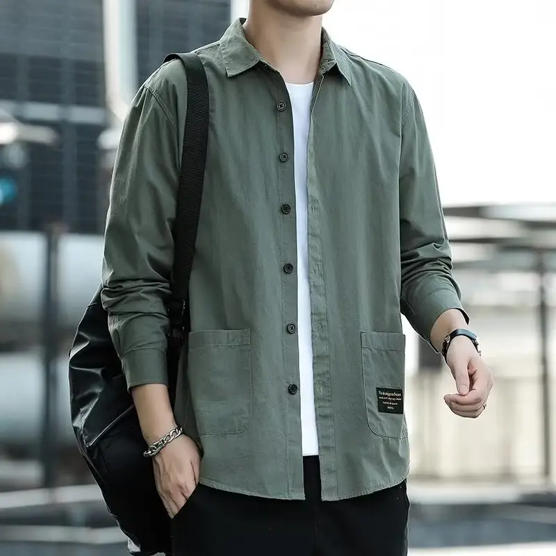 Men's Long Sleeve Cotton Shirt Tan Button Front - Image 17