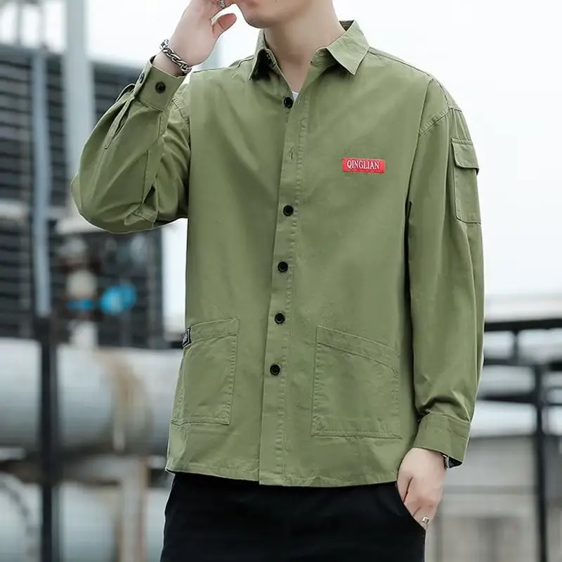 Men's Long Sleeve Cotton Shirt Tan Button Front - Image 18