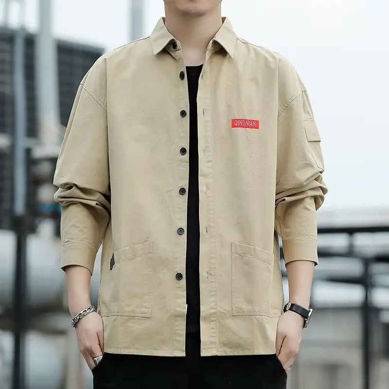 Men's Long Sleeve Cotton Shirt Tan Button Front - Image 19