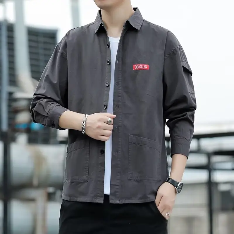 Men's Long Sleeve Cotton Shirt Tan Button Front - Image 20