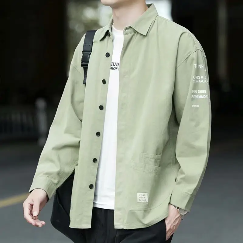Men's Long Sleeve Cotton Shirt Tan Button Front - Image 23