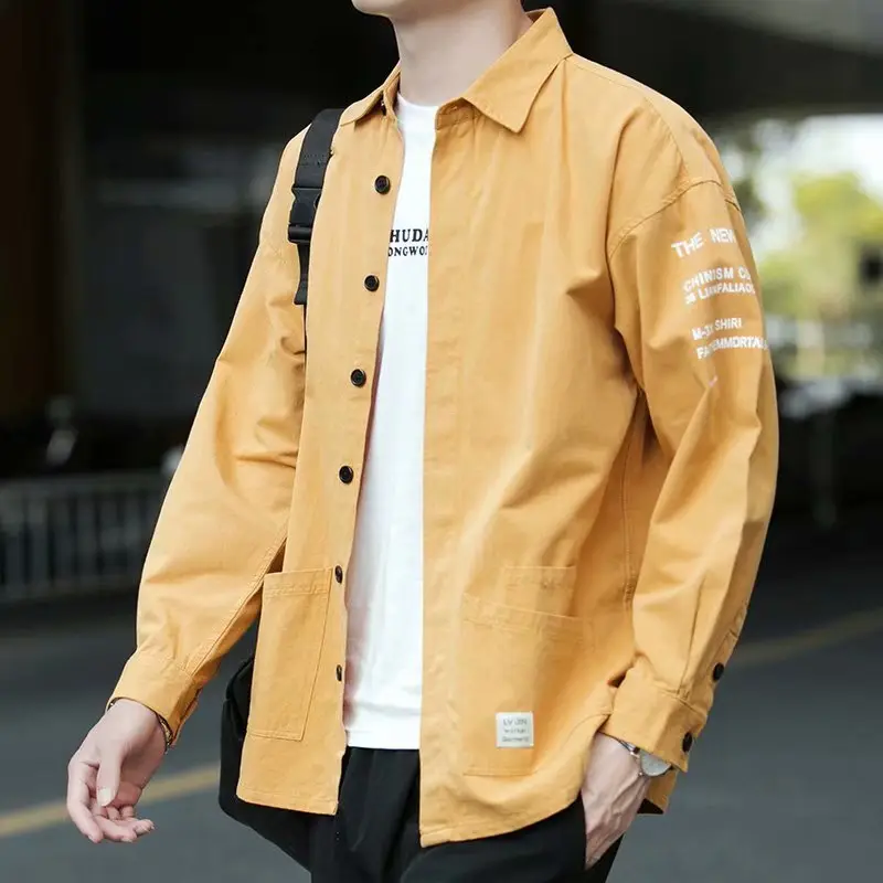 Men's Long Sleeve Cotton Shirt Tan Button Front - Image 25