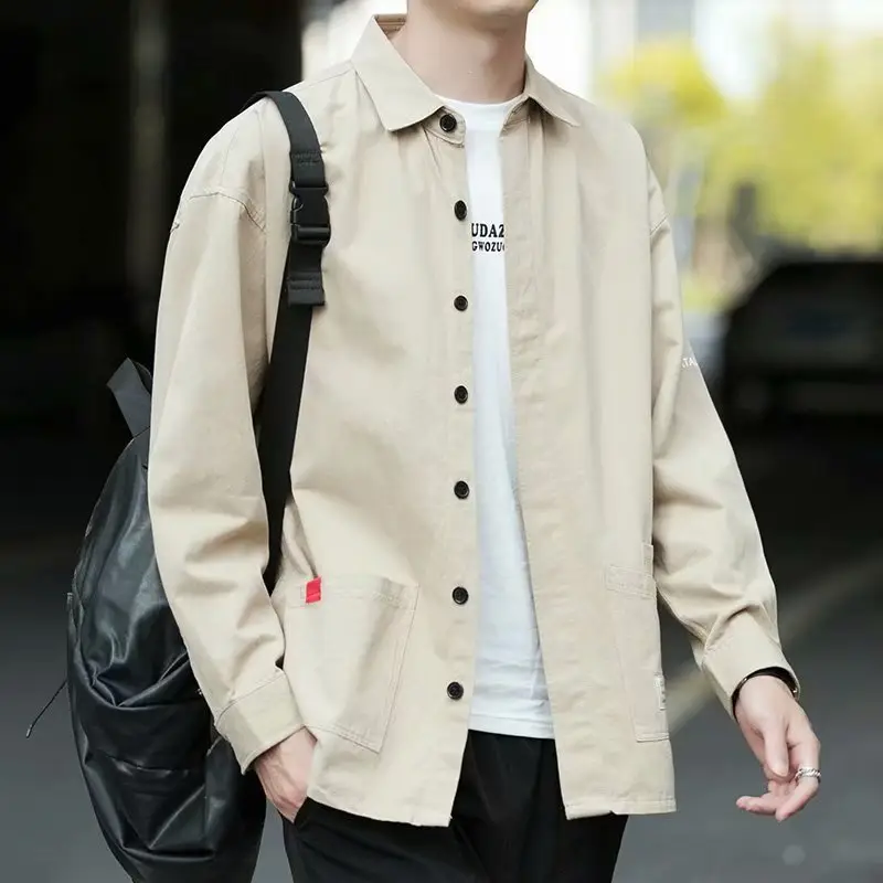 Men's Long Sleeve Cotton Shirt Tan Button Front - Image 27