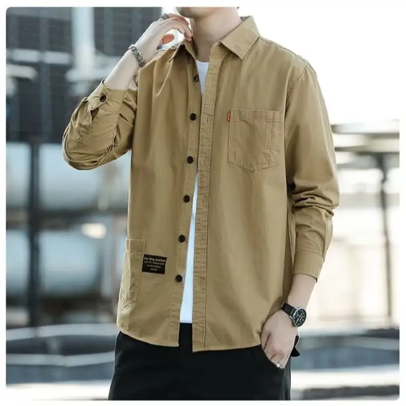Men's Long Sleeve Cotton Shirt Tan Button Front - Image 4