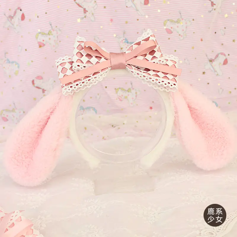 Pink Cinnamon Dog Ear Headband with Lace Bow - Image 6
