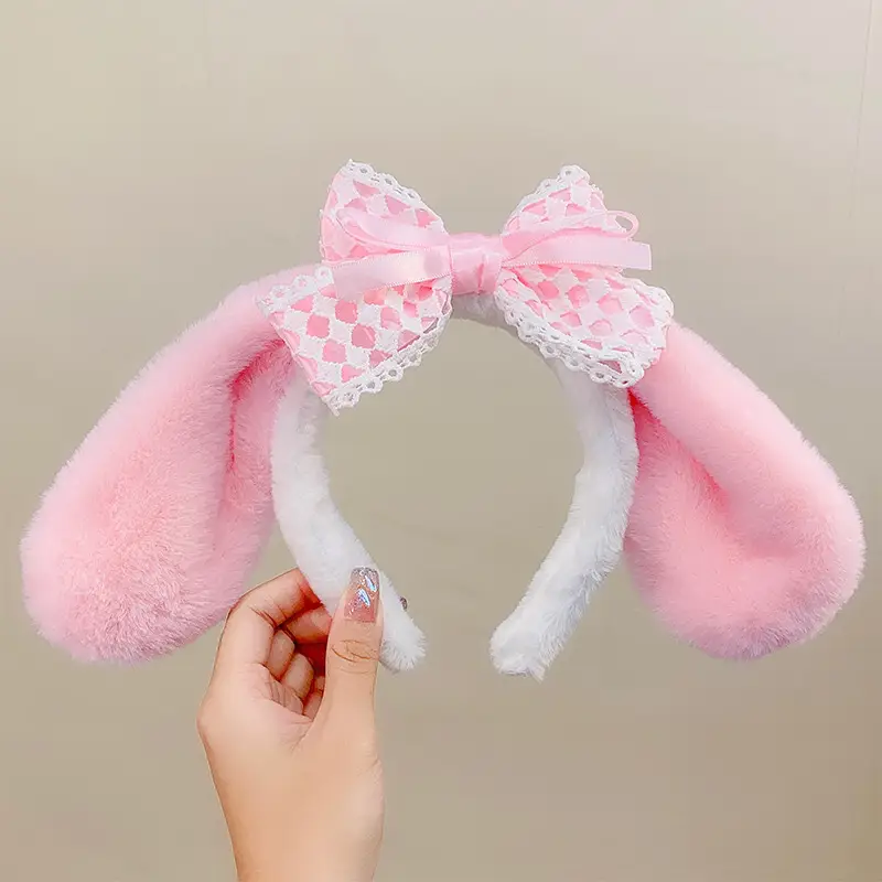 Pink Cinnamon Dog Ear Headband with Lace Bow - Image 2