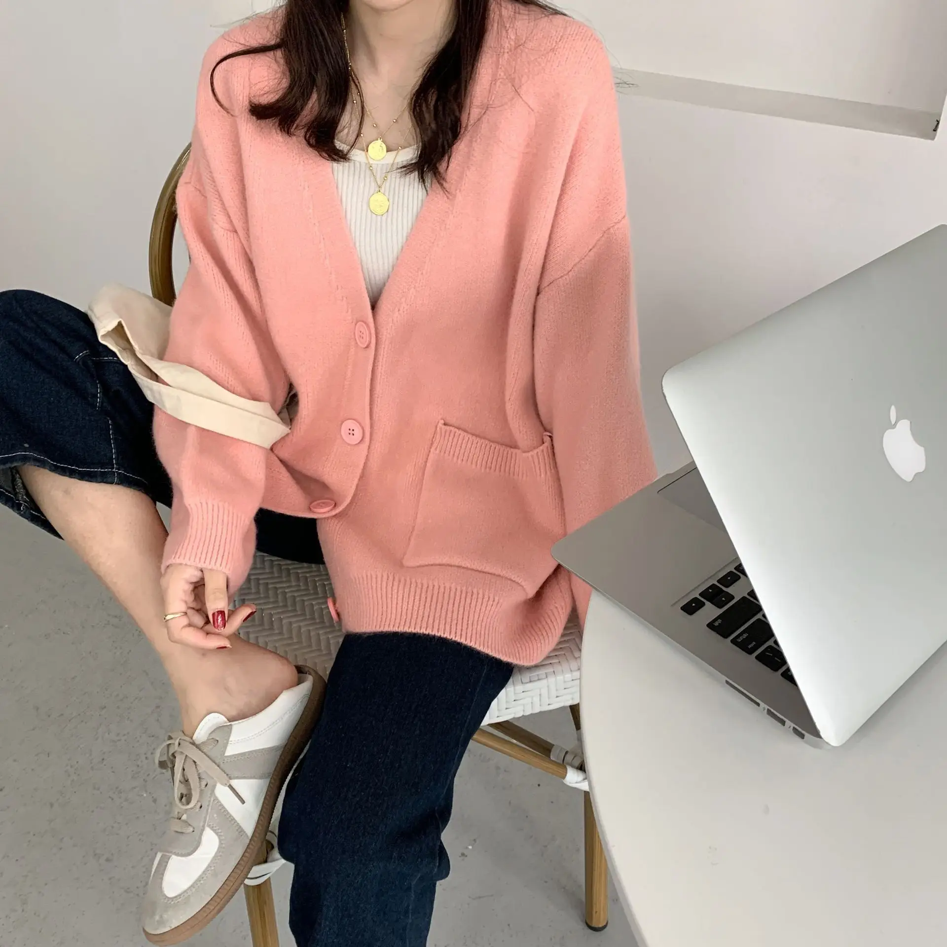 2025 Women's Blue Knitted Cardigan Jacket Mid-Length - Image 6