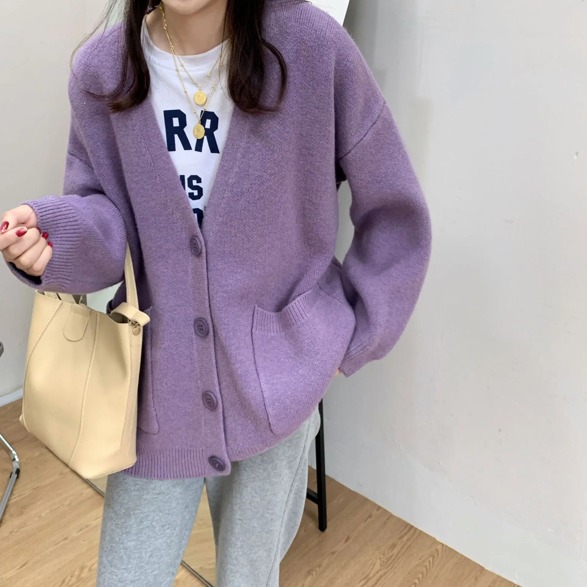 2025 Women's Blue Knitted Cardigan Jacket Mid-Length — feature 1