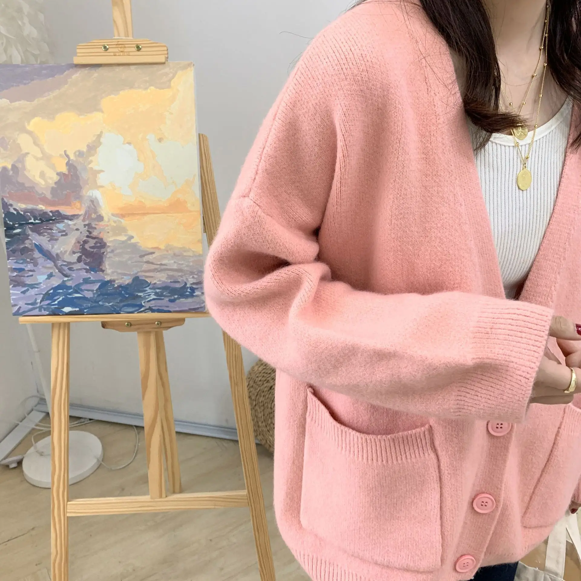 2025 Women's Blue Knitted Cardigan Jacket Mid-Length — feature 14