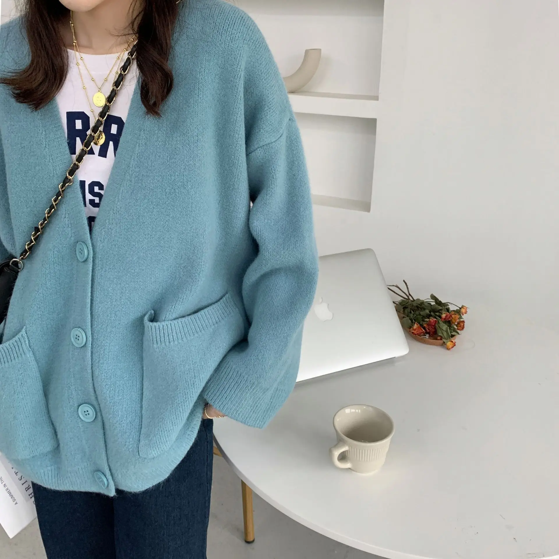 2025 Women's Blue Knitted Cardigan Jacket Mid-Length — feature 15