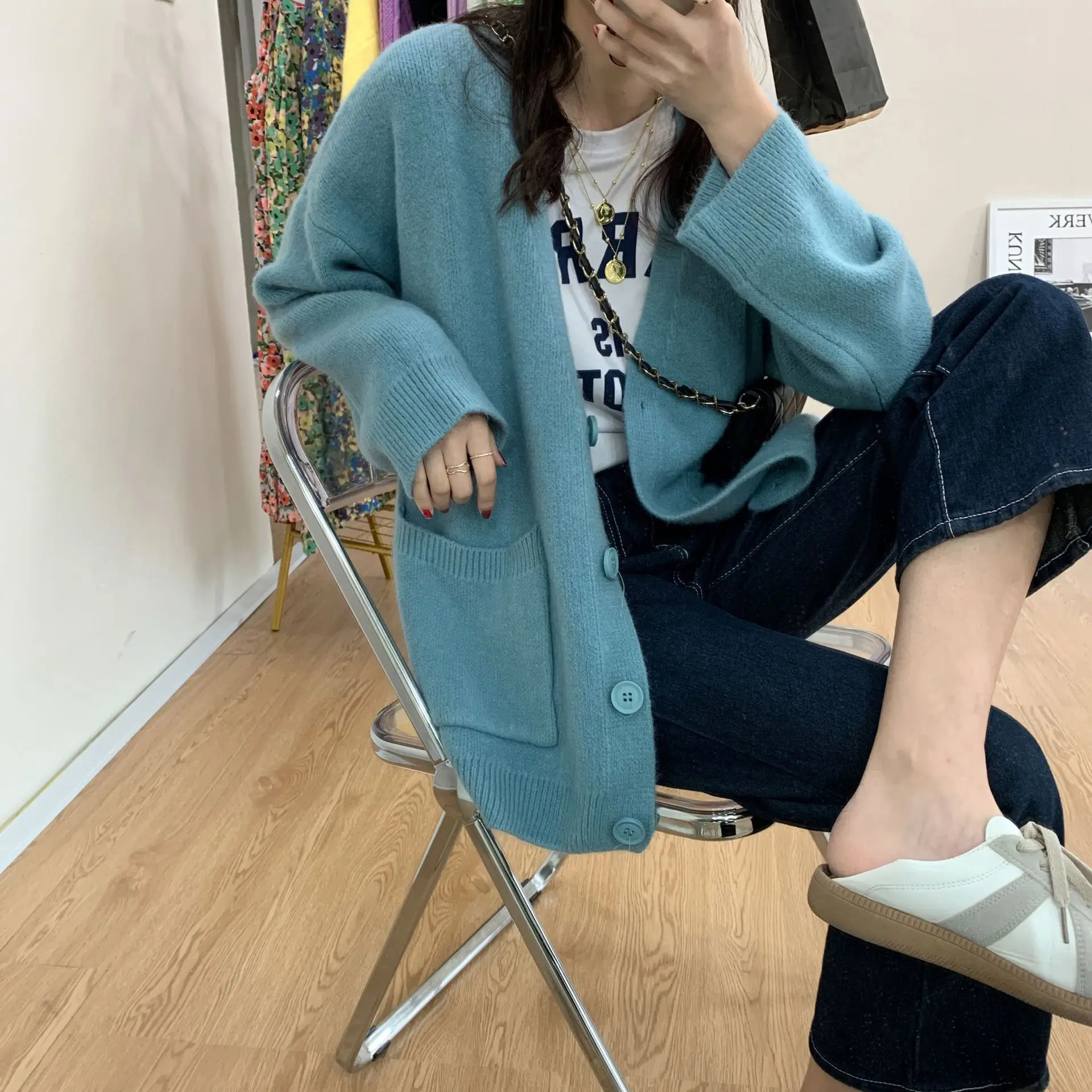 2025 Women's Blue Knitted Cardigan Jacket Mid-Length — feature 18
