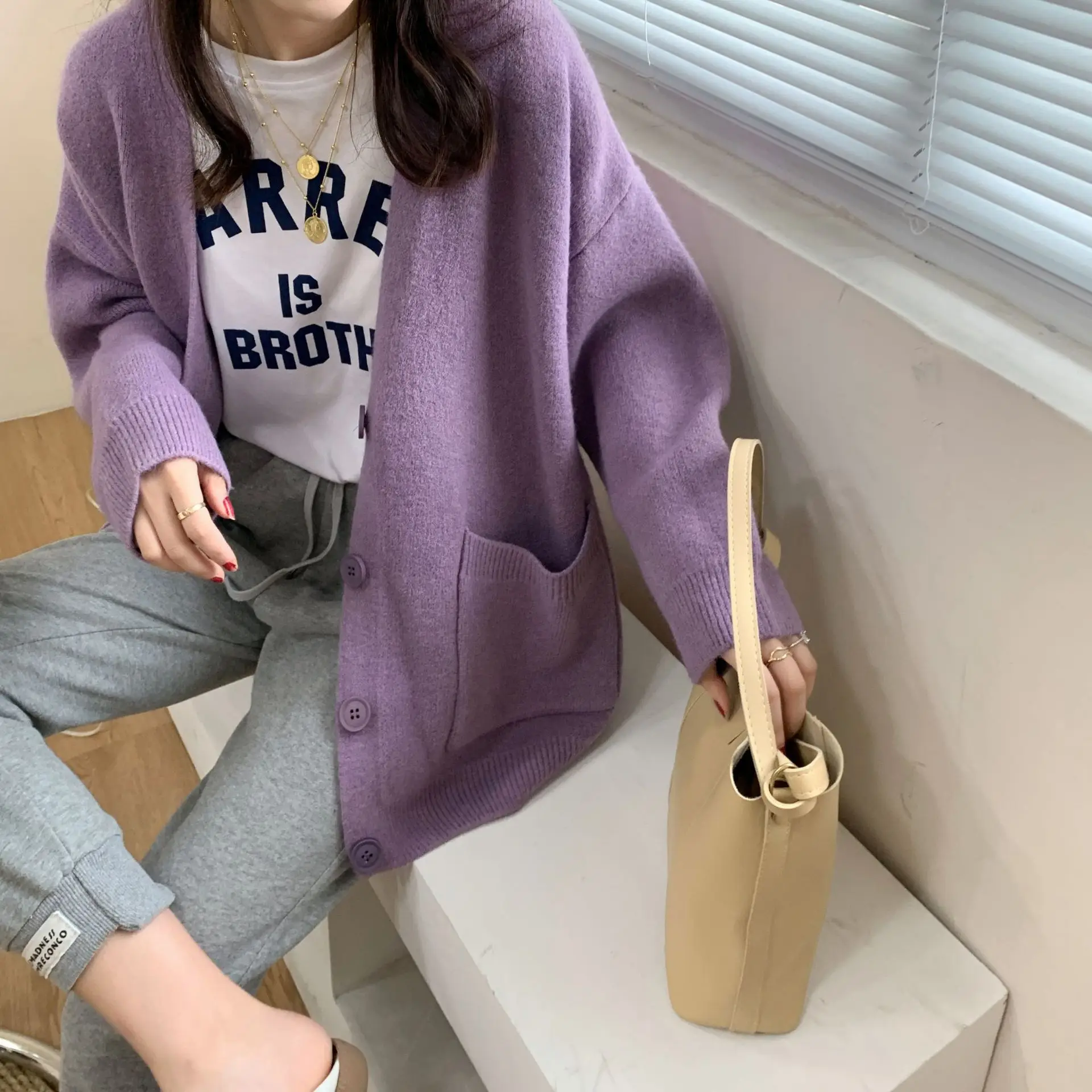 2025 Women's Blue Knitted Cardigan Jacket Mid-Length — feature 2
