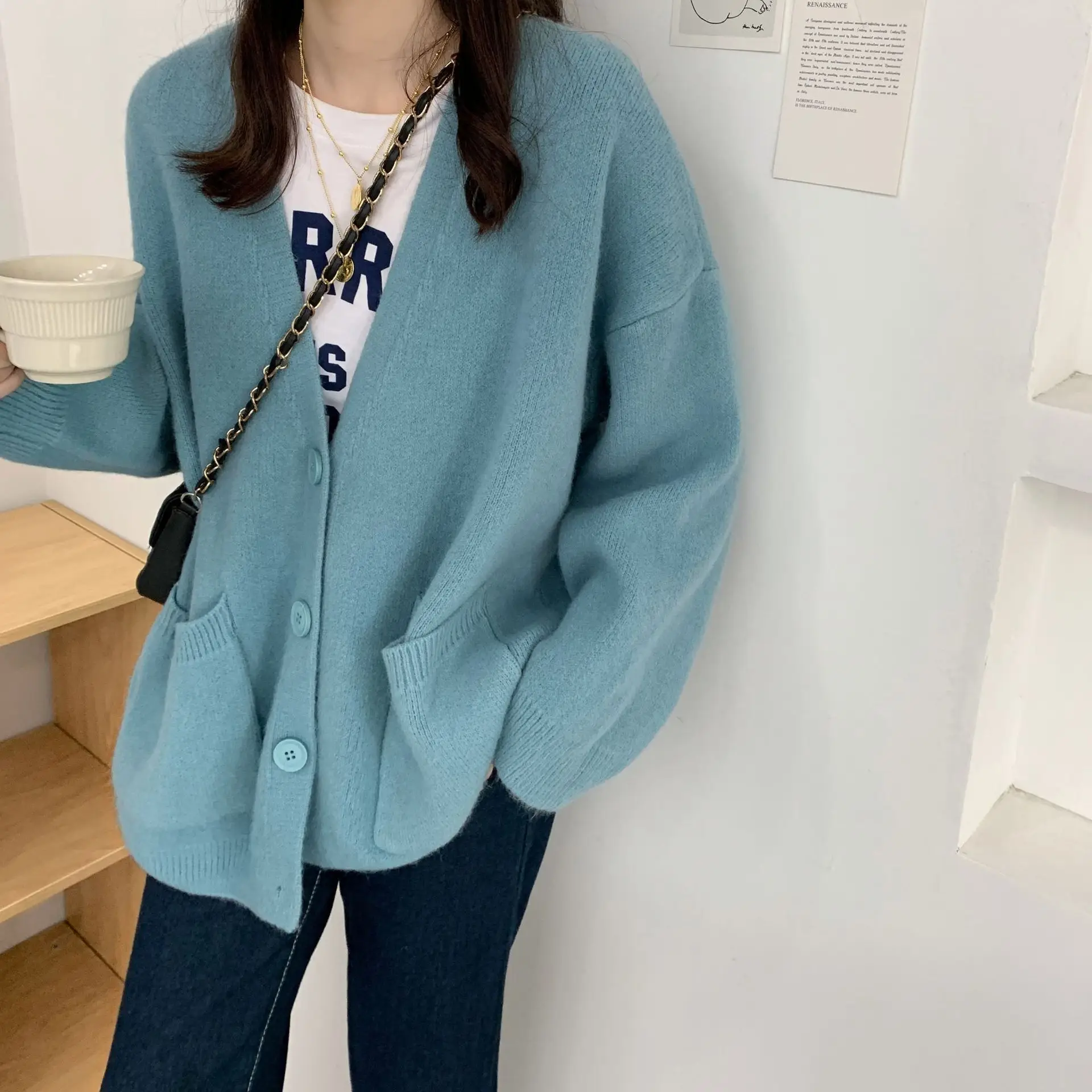 2025 Women's Blue Knitted Cardigan Jacket Mid-Length — feature 21