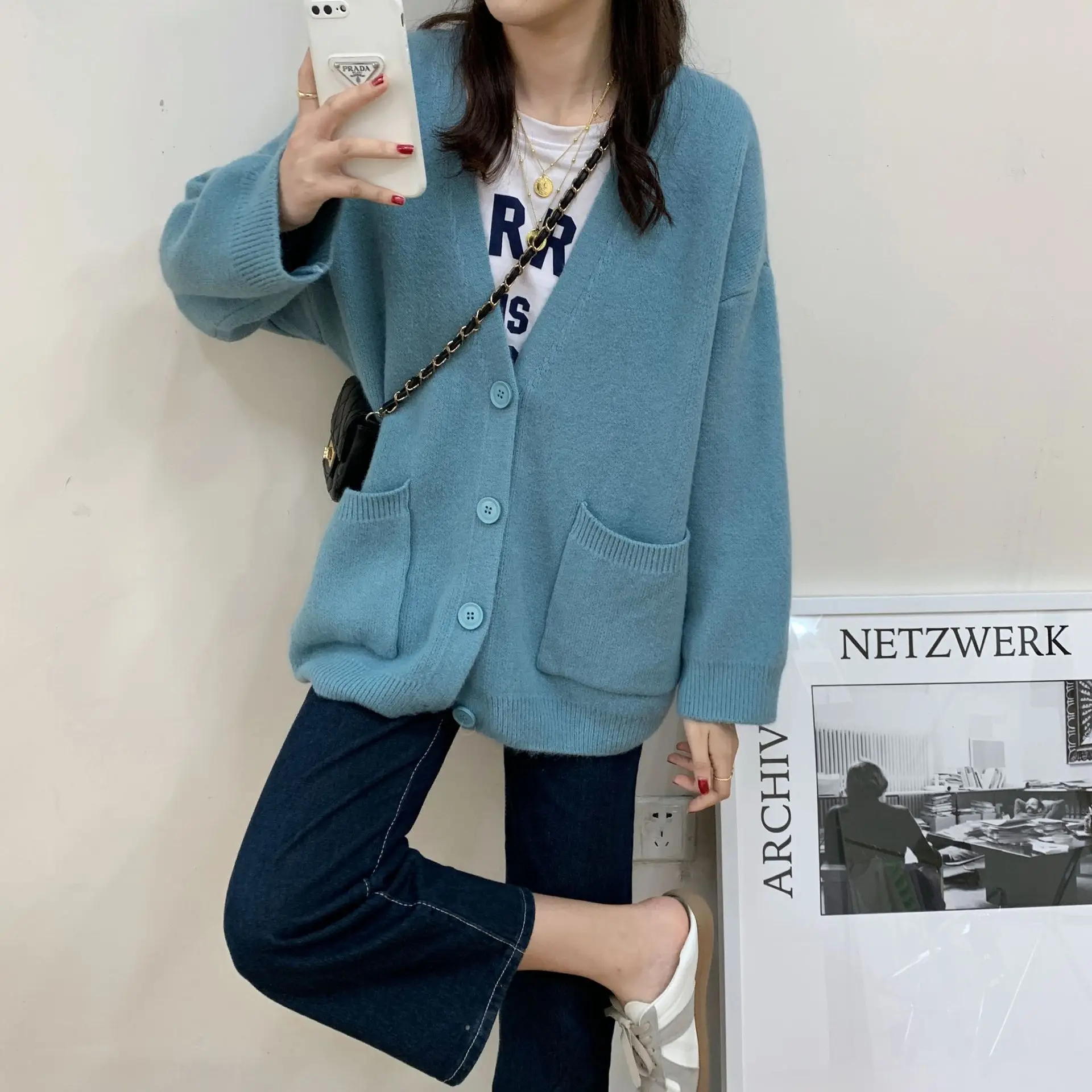 2025 Women's Blue Knitted Cardigan Jacket Mid-Length — feature 22