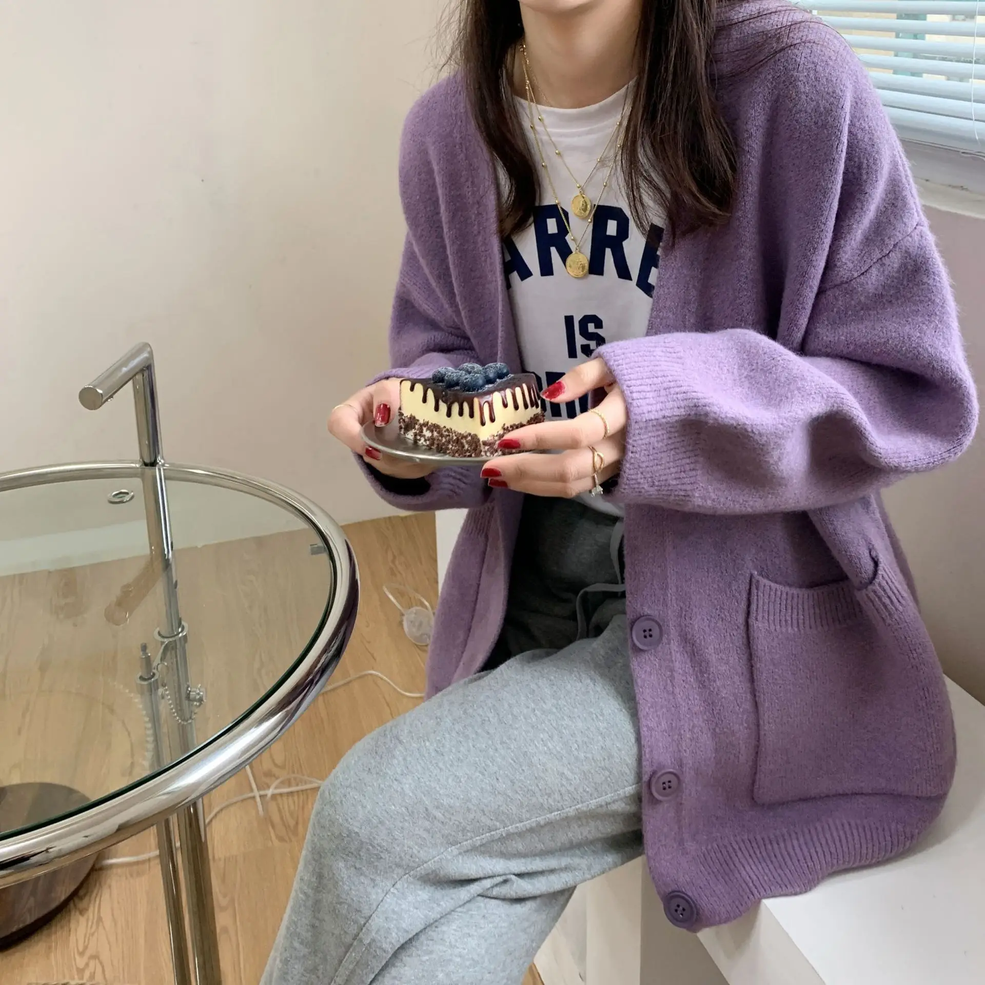 2025 Women's Blue Knitted Cardigan Jacket Mid-Length — feature 3