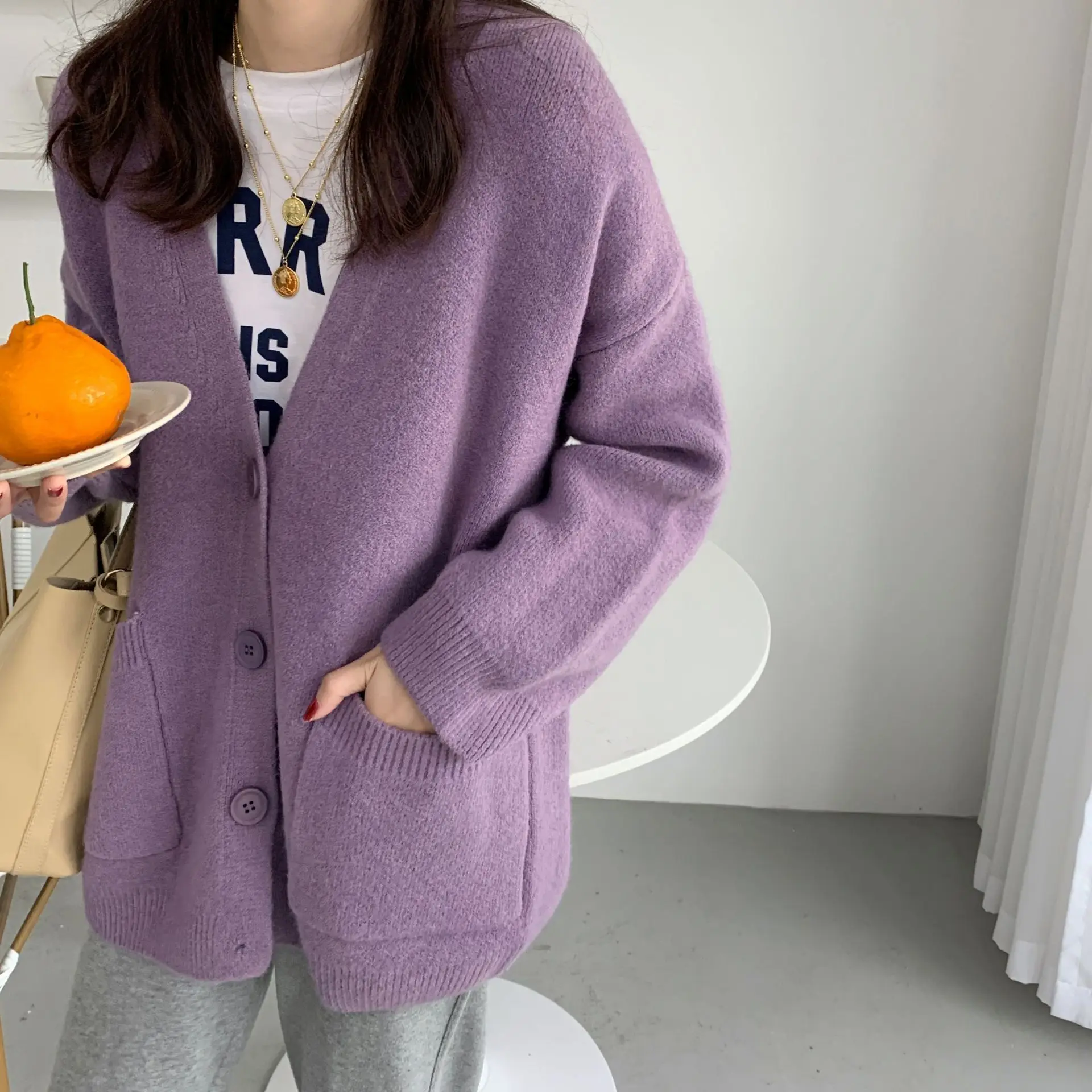 2025 Women's Blue Knitted Cardigan Jacket Mid-Length — feature 6