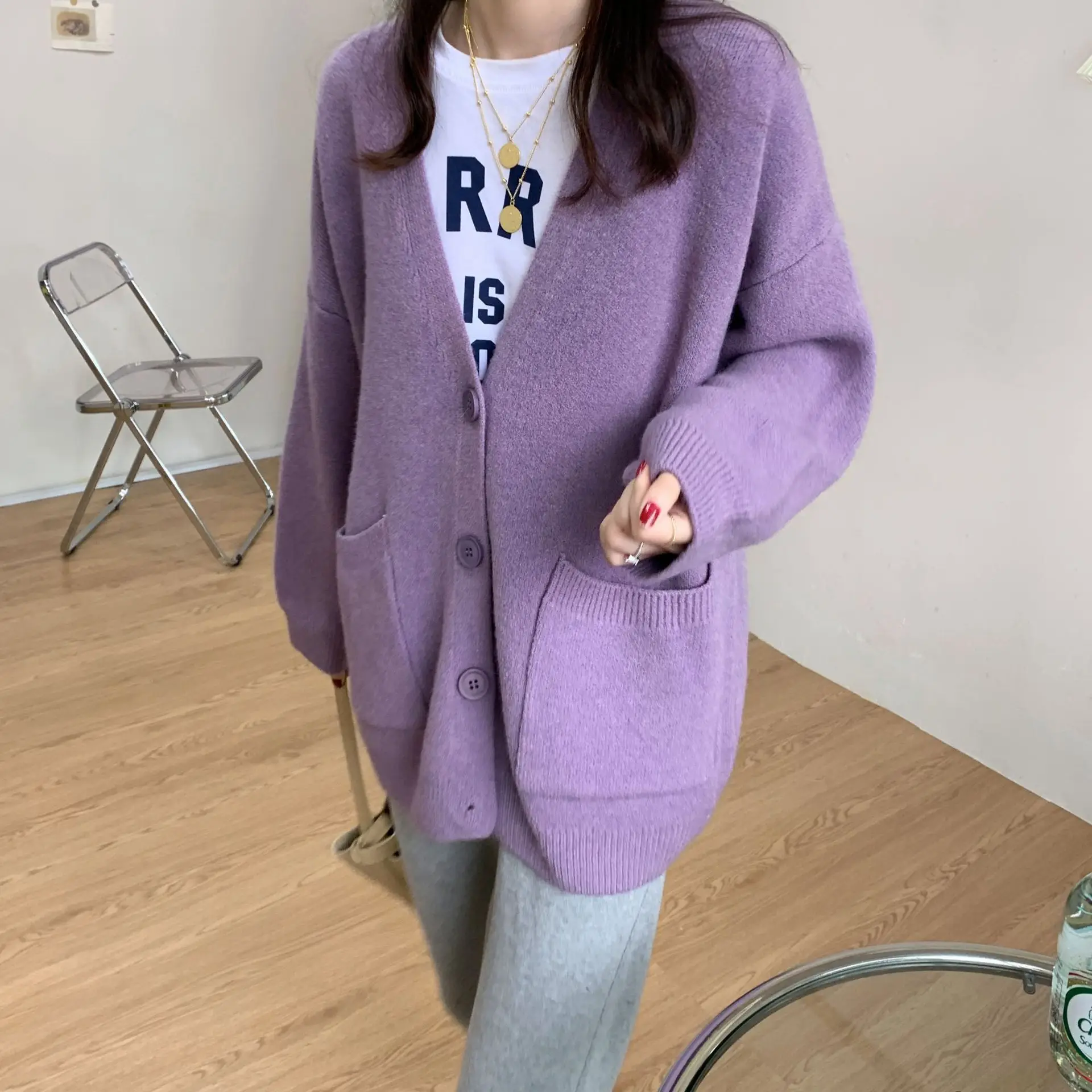 2025 Women's Blue Knitted Cardigan Jacket Mid-Length — feature 7
