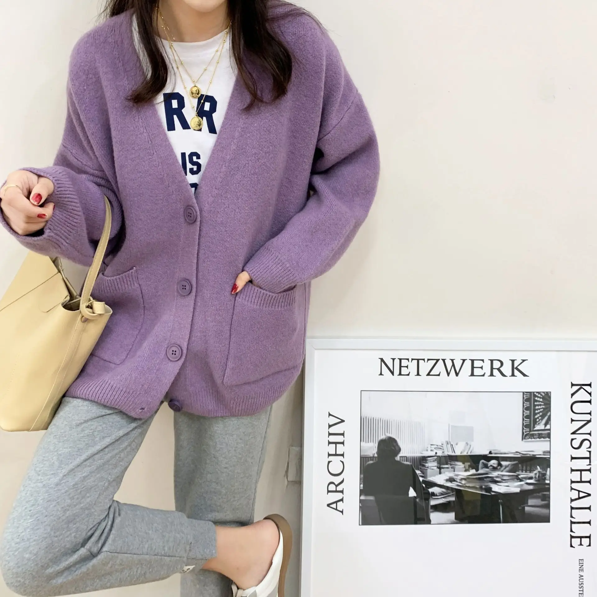 2025 Women's Blue Knitted Cardigan Jacket Mid-Length - Image 3
