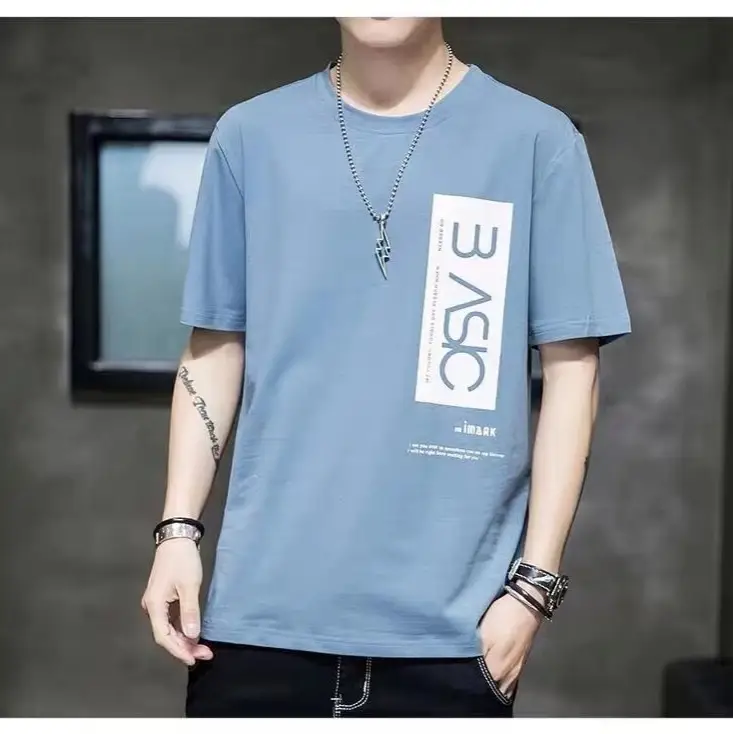 Men Blue Thin Short Sleeve T-Shirt Round Neck Summer - Image 4