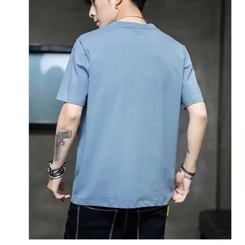 Men Blue Thin Short Sleeve T-Shirt Round Neck Summer - Image 5