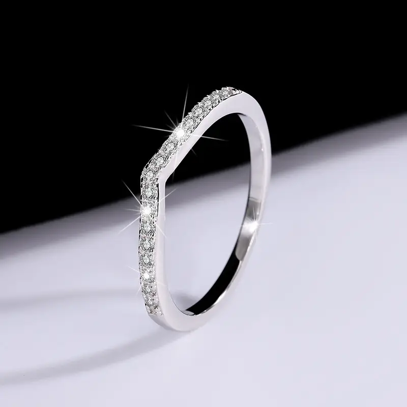 Sterling Silver V-Row Mosan Diamond Ring Women's Stacked Wear Simple Couple - Image 4