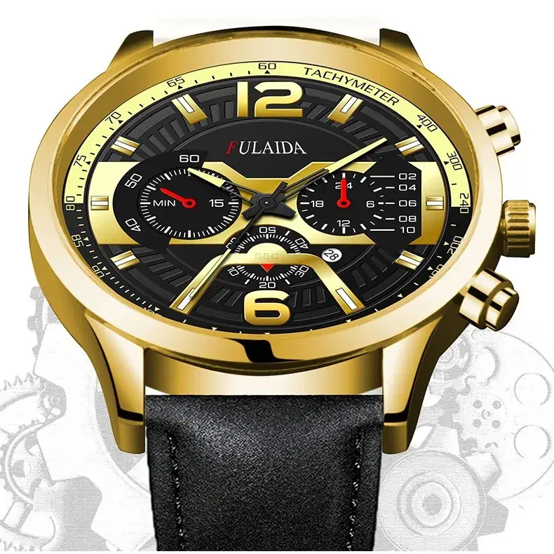 Men's Luxury Chronograph Watch with 3-View Display Gold Black Strap - Image 13