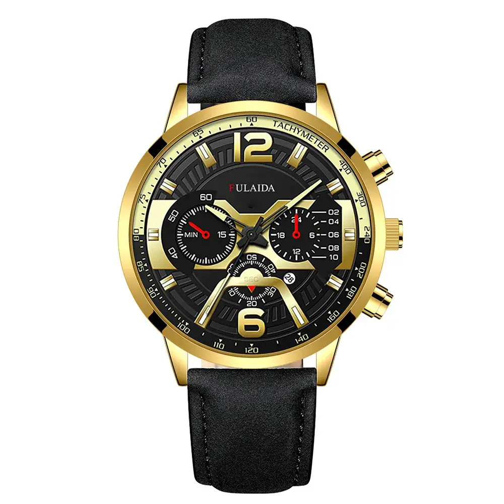 Men's Luxury Chronograph Watch with 3-View Display Gold Black Strap - Image 2