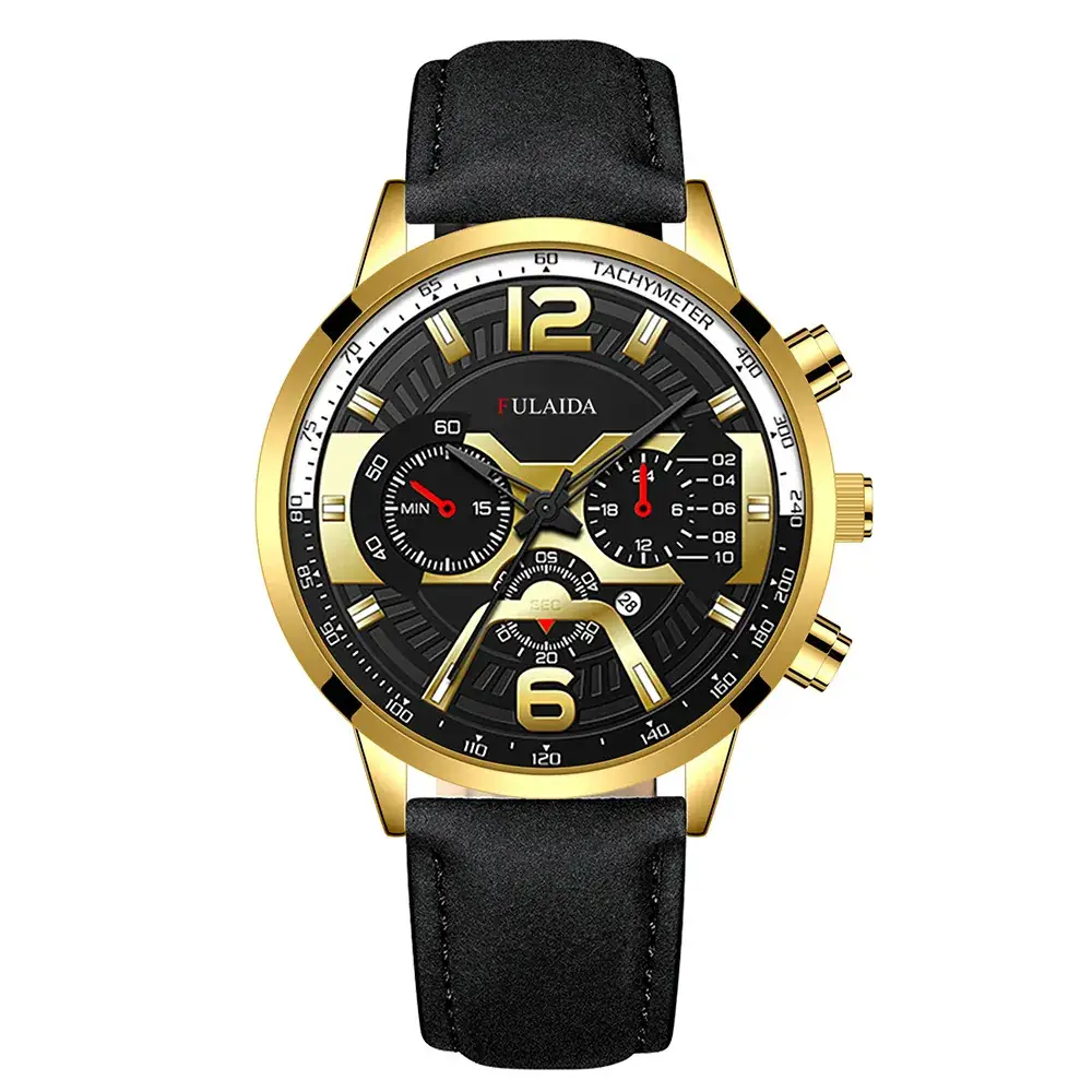 Men's Luxury Chronograph Watch with 3-View Display Gold Black Strap - Image 3