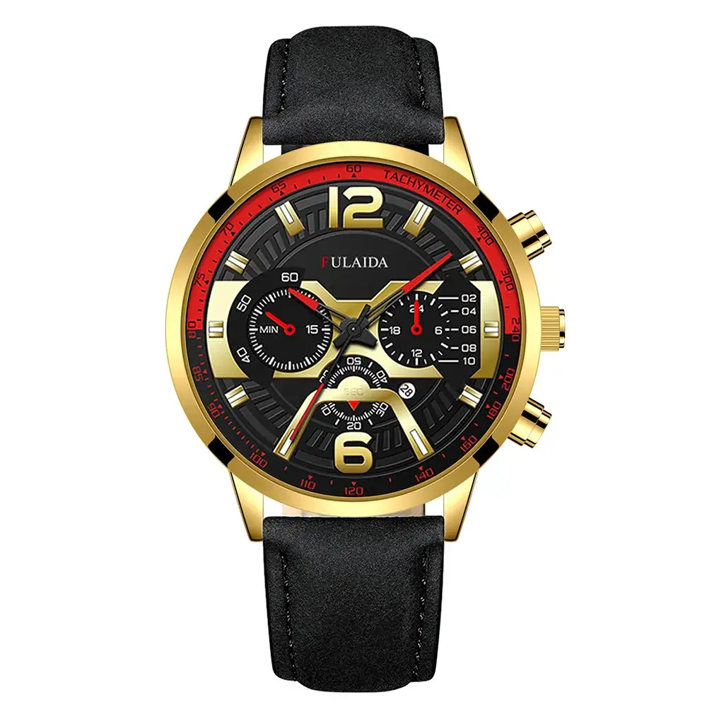 Men's Luxury Chronograph Watch with 3-View Display Gold Black Strap - Image 4