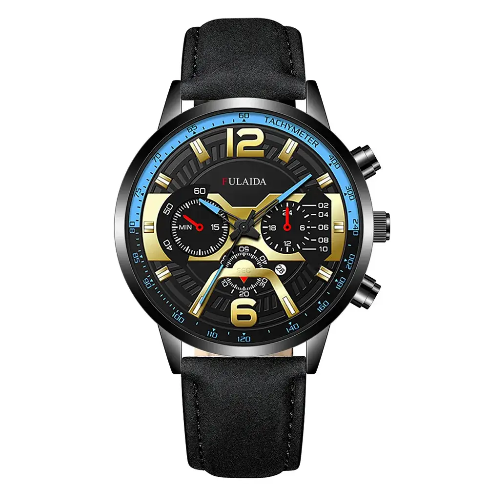 Men's Luxury Chronograph Watch with 3-View Display Gold Black Strap - Image 7