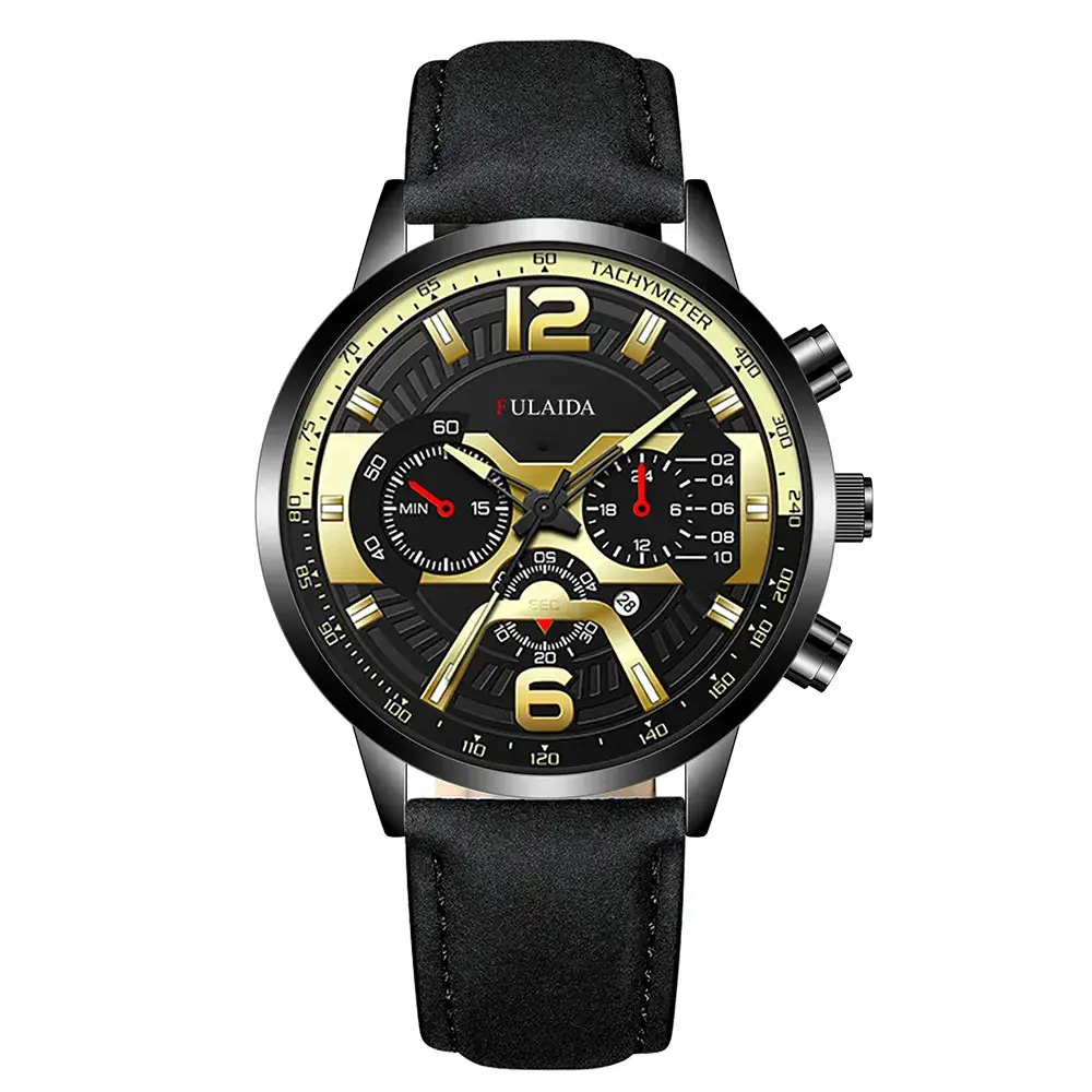 Men's Luxury Chronograph Watch with 3-View Display Gold Black Strap - Image 8