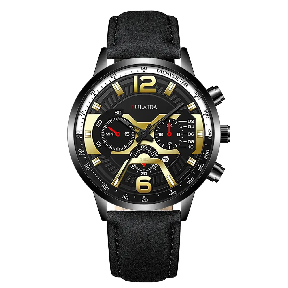 Men's Luxury Chronograph Watch with 3-View Display Gold Black Strap - Image 9