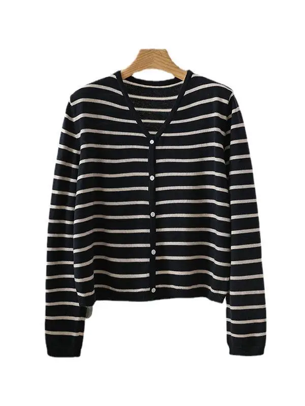 2024 Knitted Striped V-Neck Shirt Black White - Image 8