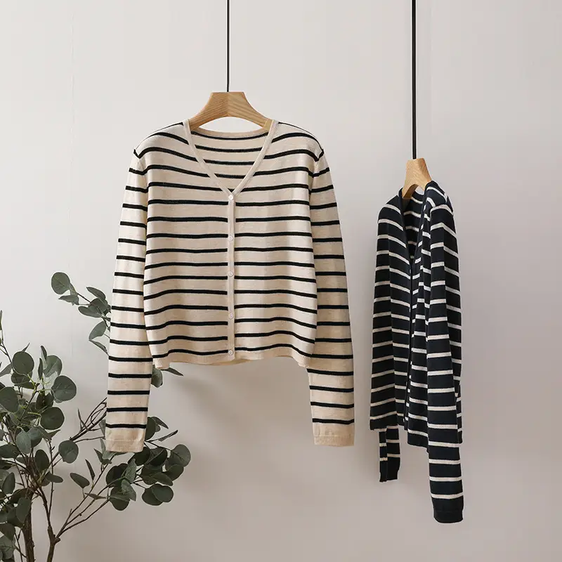 2024 Knitted Striped V-Neck Shirt Black White — feature 26