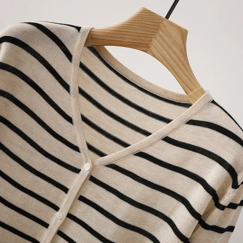 2024 Knitted Striped V-Neck Shirt Black White — feature 28