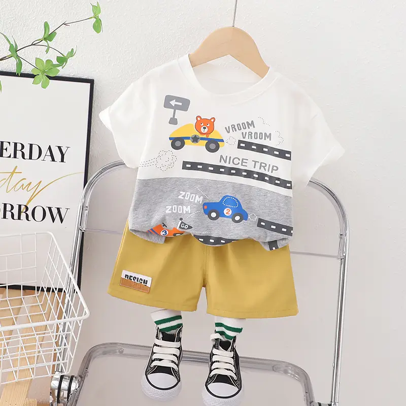 Summer Cartoon T-Shirt Shorts Set for Boys Blue Yellow - Image 2