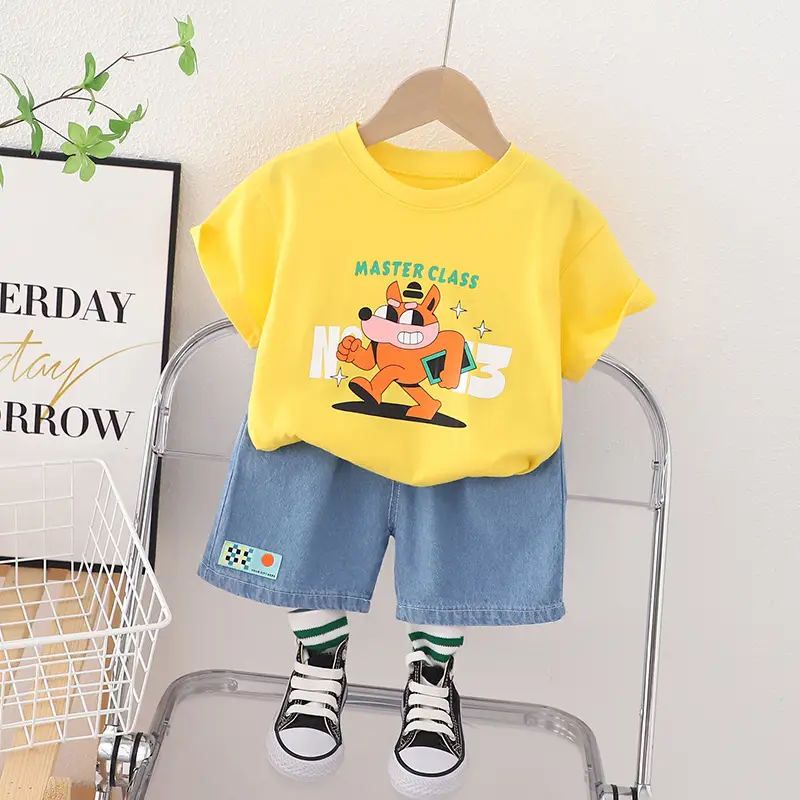 Summer Boys Yellow T-Shirt Blue Shorts Set - Image 2
