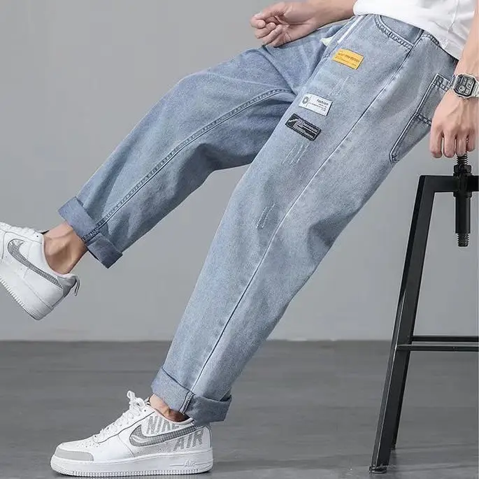 Men's Korean Style Light Blue Cropped Jeans